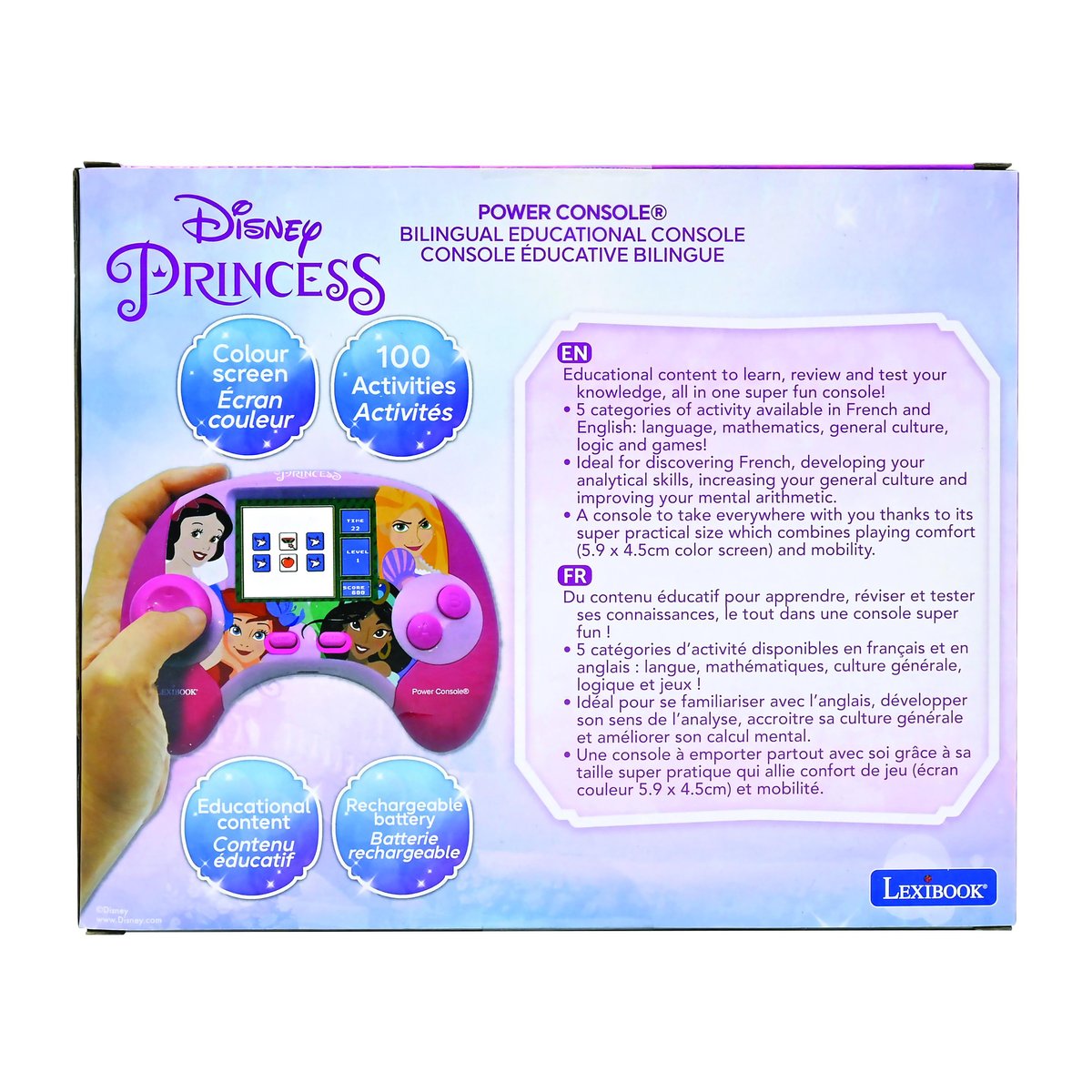 Power Console® Disney Princesse console de jeux éducative français-anglais rose, LEXIBOOK