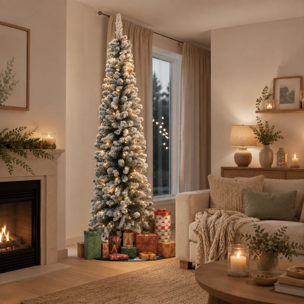 Sapin de Noël artificiel étroit et enneigé avec LED H215 cm CHARLTON vert, BLACK BOX TREES