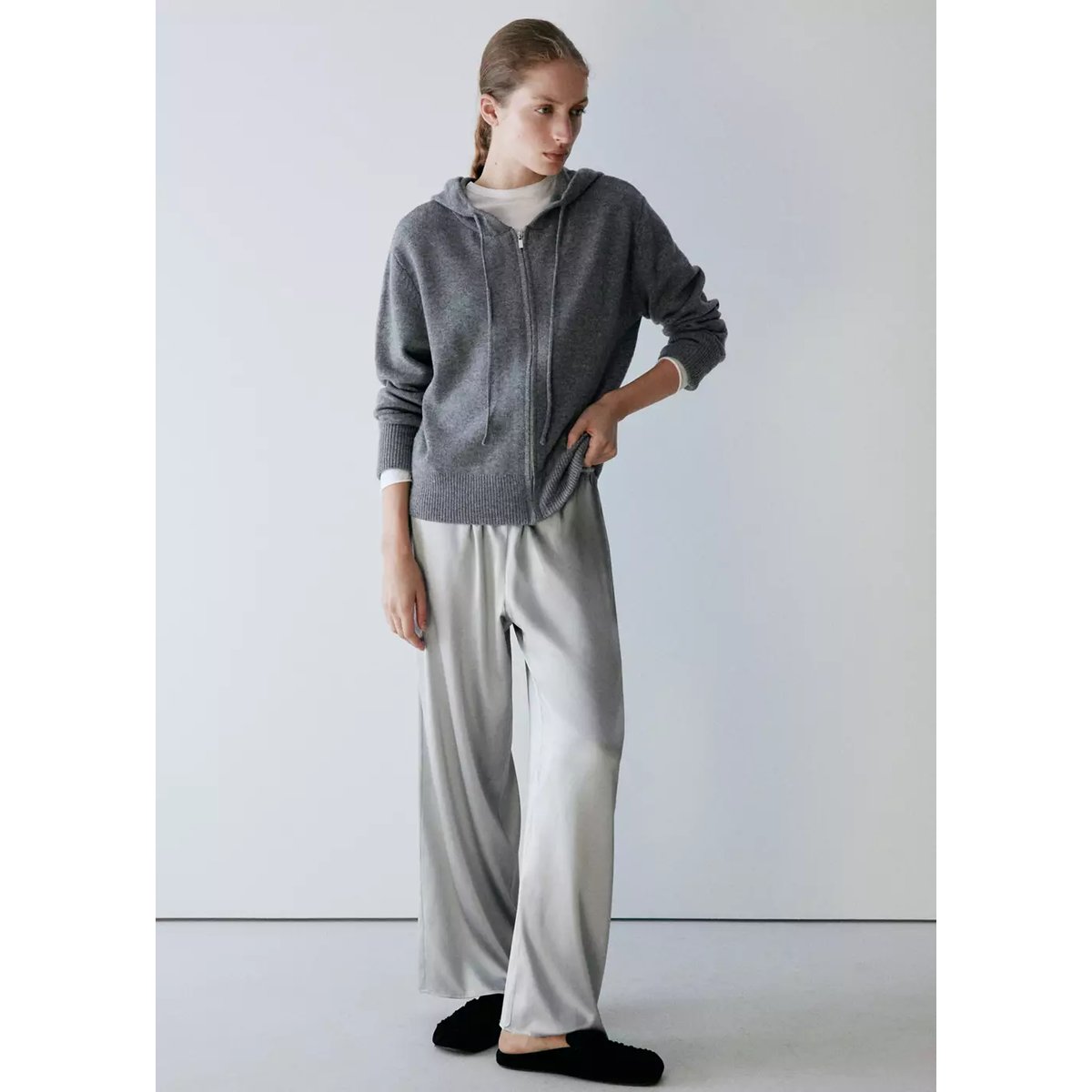 Cardigan 100 % laine à zip gris, MANGO