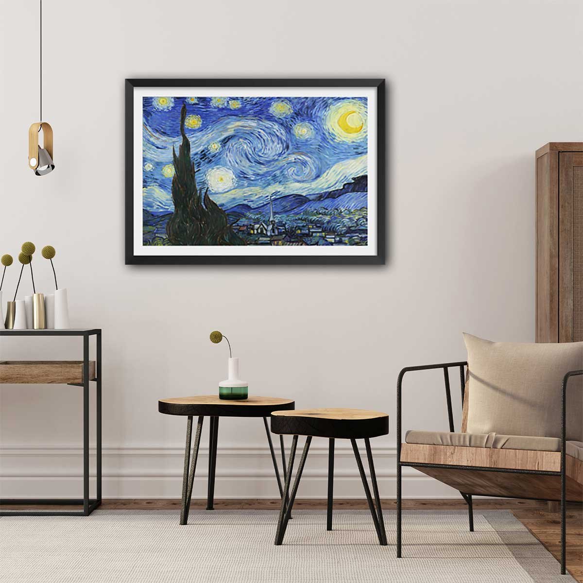 Poster La nuit étoilée - Vincent Van Gogh affiche + cadre en bois - noir, HEXOA