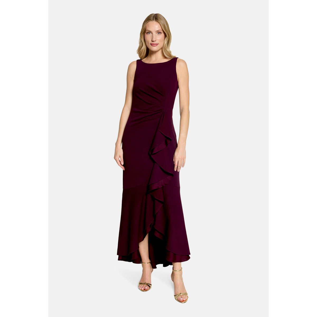 Robe de soirée à volant strong aubergine, VERA MONT