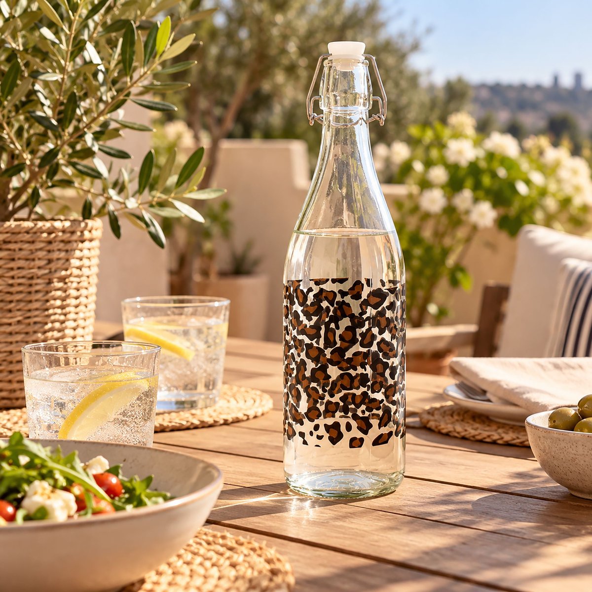 Bouteille 1 litre en verre, LEOPARD multicolore, NOVASTYL