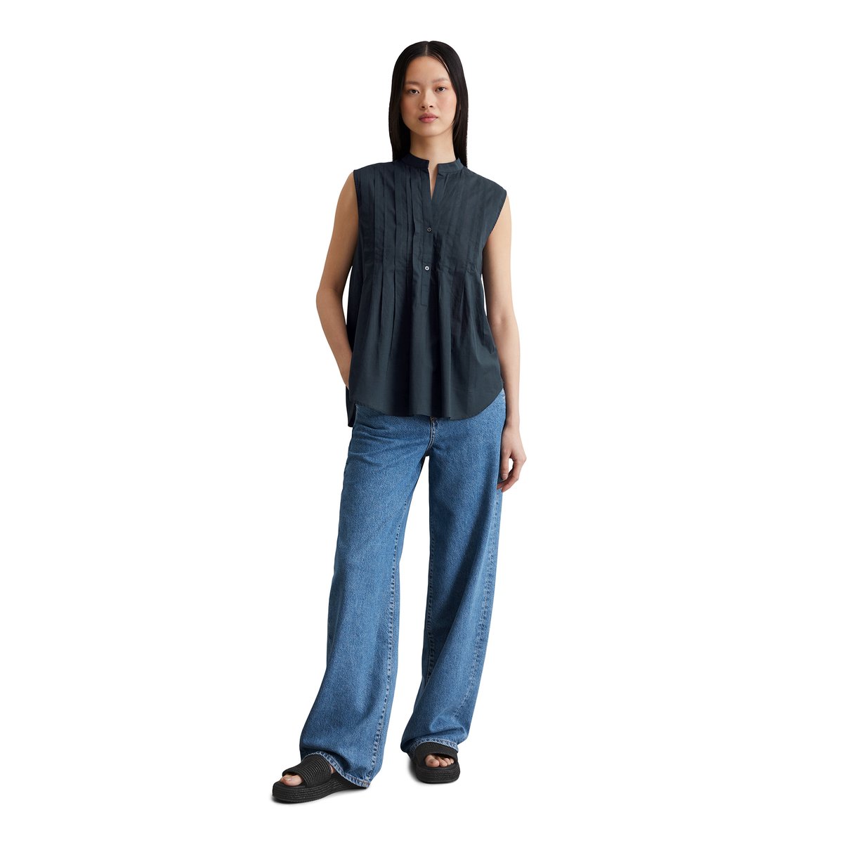 Blouse sans manches relaxed en voile de coton Silky-Touch bleu fooncé, MARC O'POLO