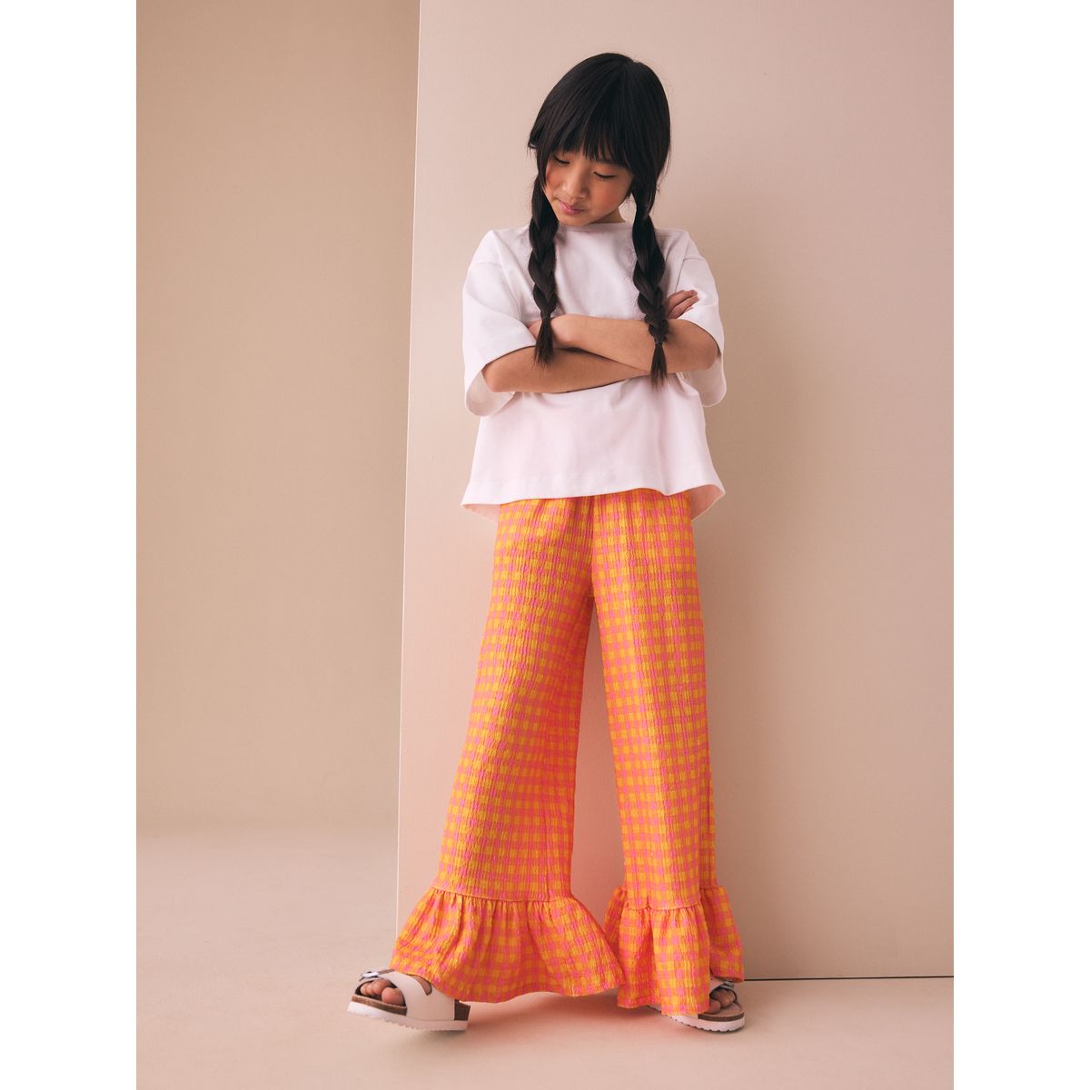 Pantalon texturé avec volants sur l’ourlet vichy rose et jaune, NEXT