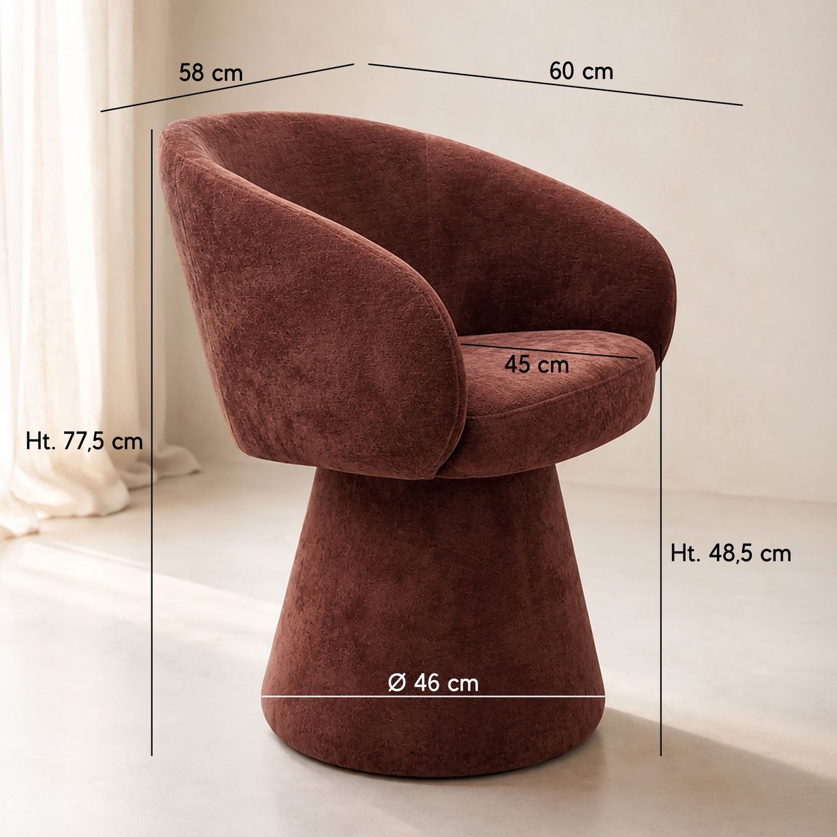 Fauteuil de table pivotant en velours, ALBA bordeaux, NOW'S HOME