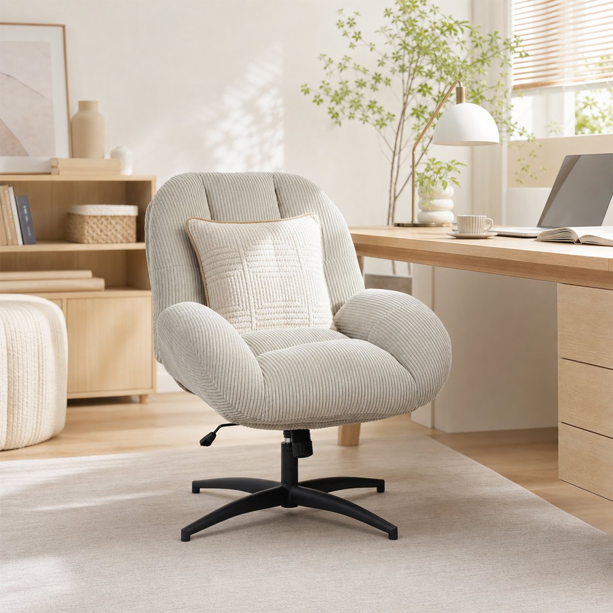 Chaise de bureau pivotante avec dossier inclinable en velours côtelé, LITHOPSFIX CORDO gris, MEUBLES COSY