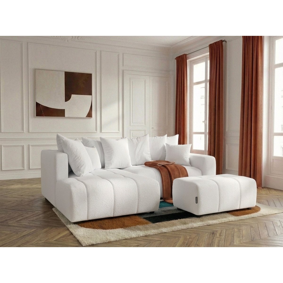 Canapé d'angle convertible 4 places en tissu bouclette avec pouf, ROXELANE blanc, BOBOCHIC