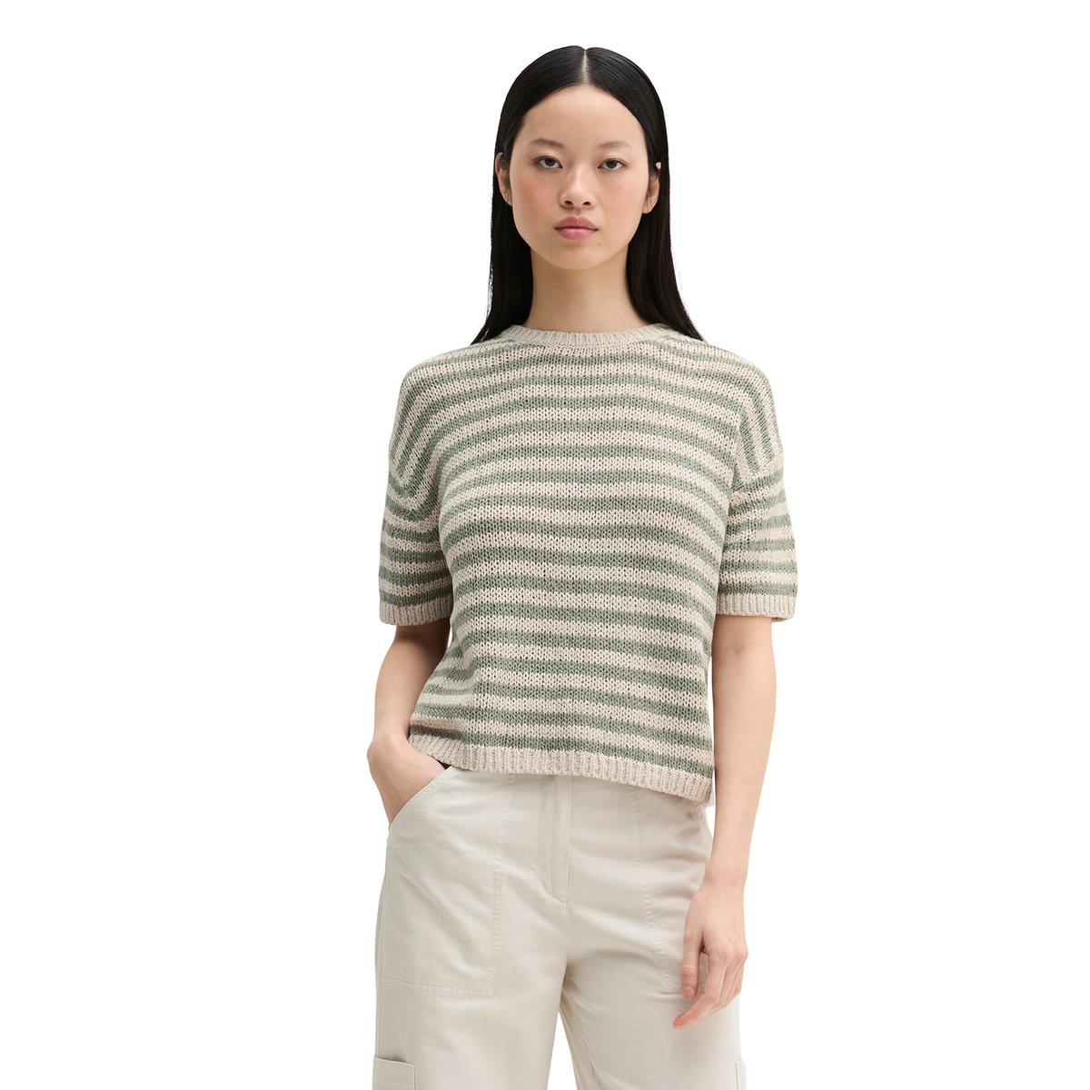 Pull à manches courtes loose en fil à bandelettes blanc/vert, MARC O'POLO