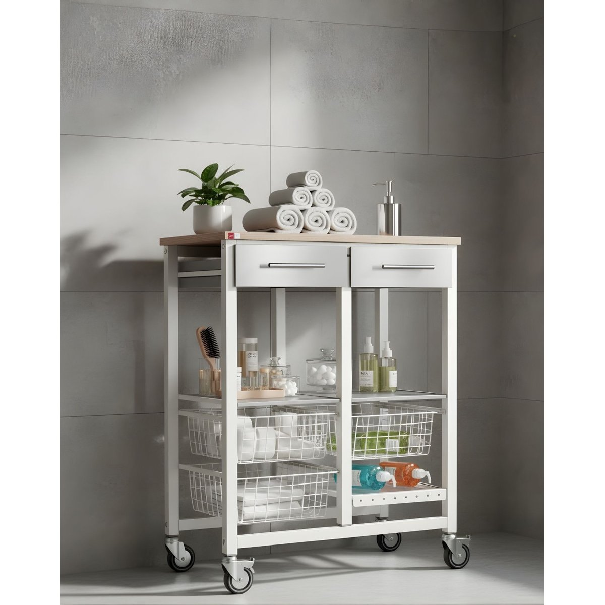 Chariot de cuisine ONDA DOBLE, Chariot métallique double avec 3 paniers, 2 tiroirs, porte-bouteilles blanc, DON HIERRO