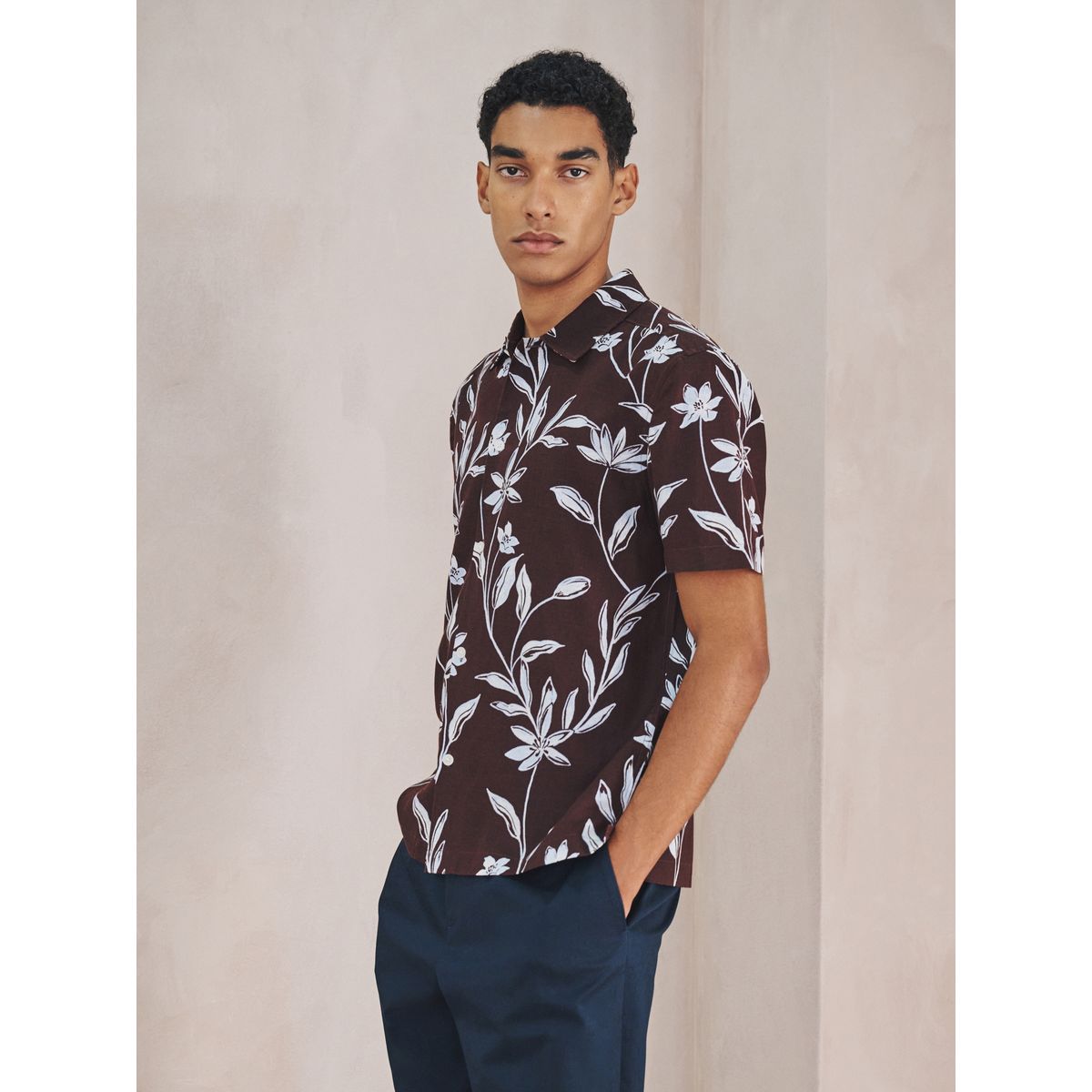 Chemise manches courtes en lin et tencel marron, NEXT