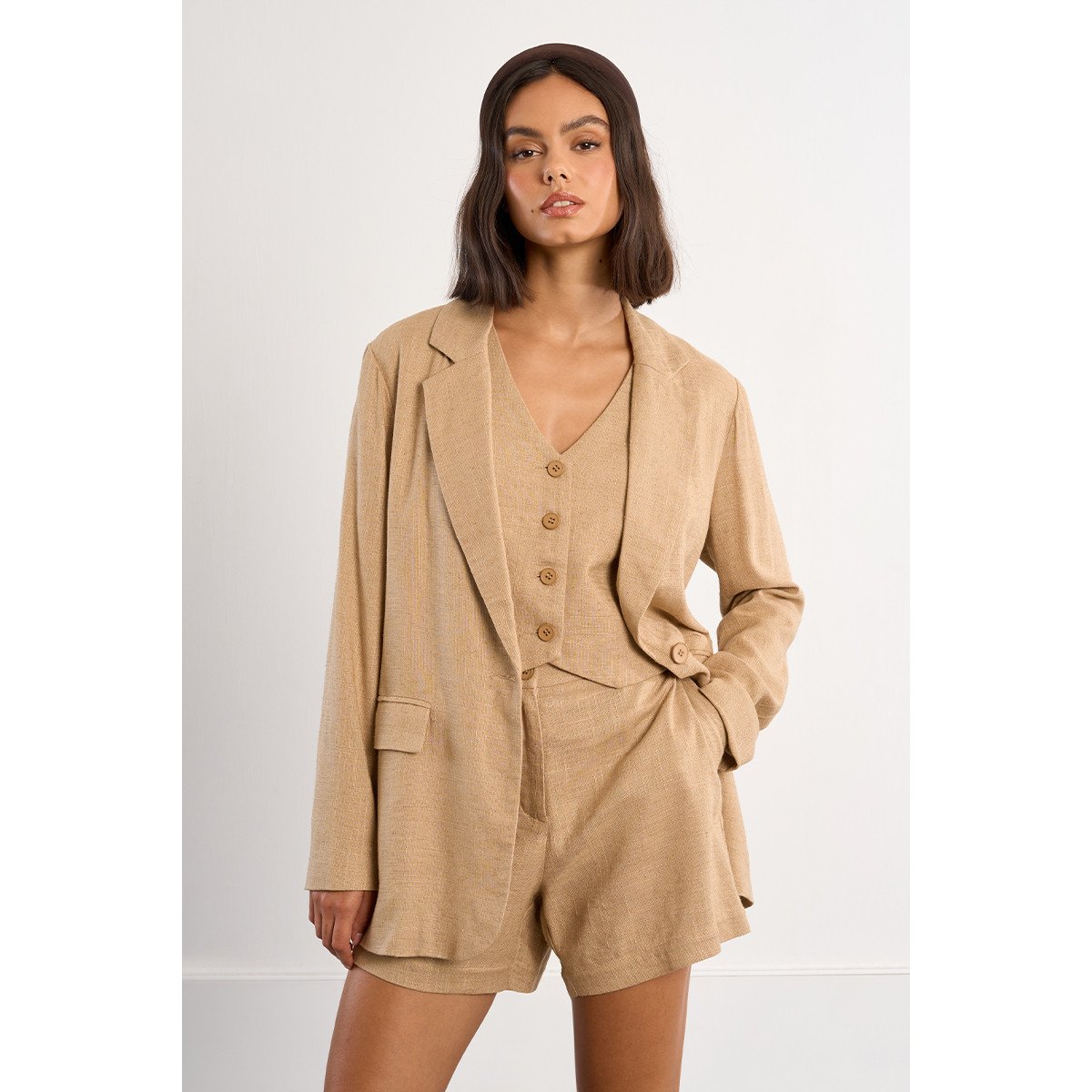 Blazer droit en lin beige, LILI SIDONIO