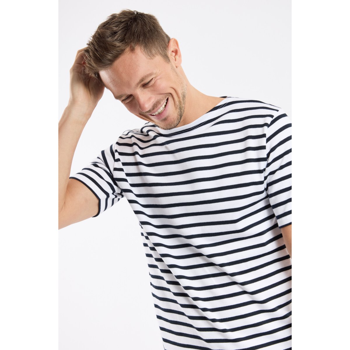 Marinière manches courtes en coton rustique blanc/rich navy, ARMOR-LUX