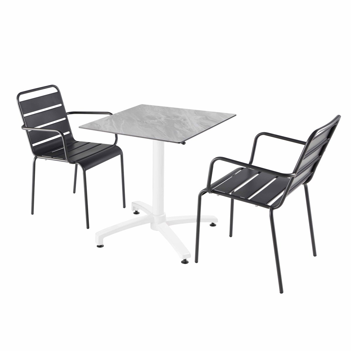 Table en HPL inclinable pied blanc et 2 chaises en métal, OPERA marbre, OVIALA