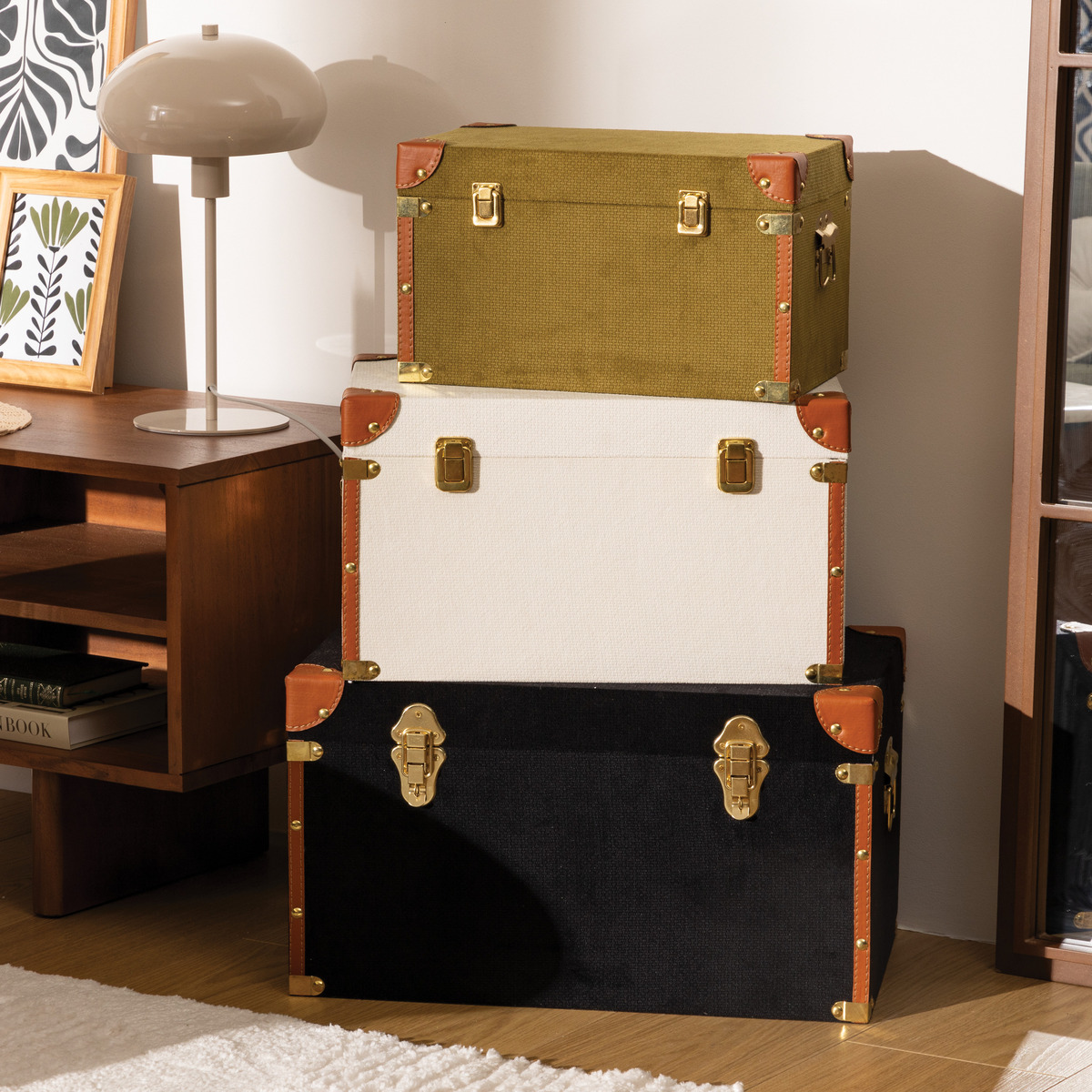 Lot de 3 malles de rangement vintage en bois tendu lin TWIS multicolore, ATMOSPHERA
