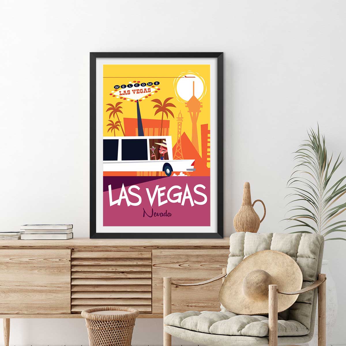Affiche Road Trip à Vegas affiche + cadre en bois - noir, HEXOA