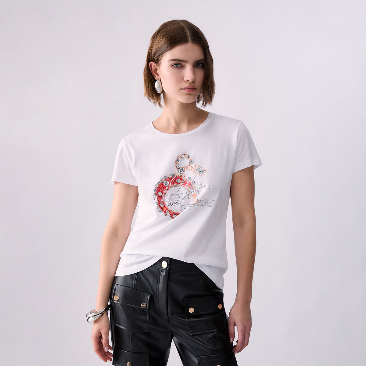 T-shirt avec broderie bijou blanc et fer à cheval, LIU JO
