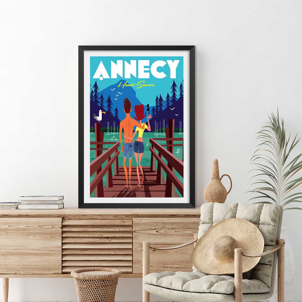 Poster le pont des amours annecy lac affiche + cadre en bois - noir, HEXOA