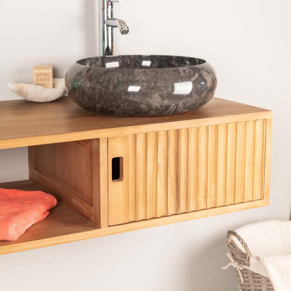Meuble suspendu de en teck rectangle double vasque 145 cm MYA naturel, WANDA COLLECTION