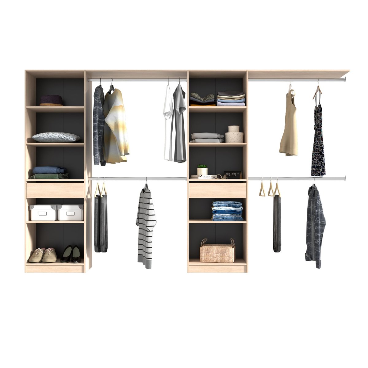 Dressing extensible et réversible avec penderies bois naturel, TERRE DE NUIT