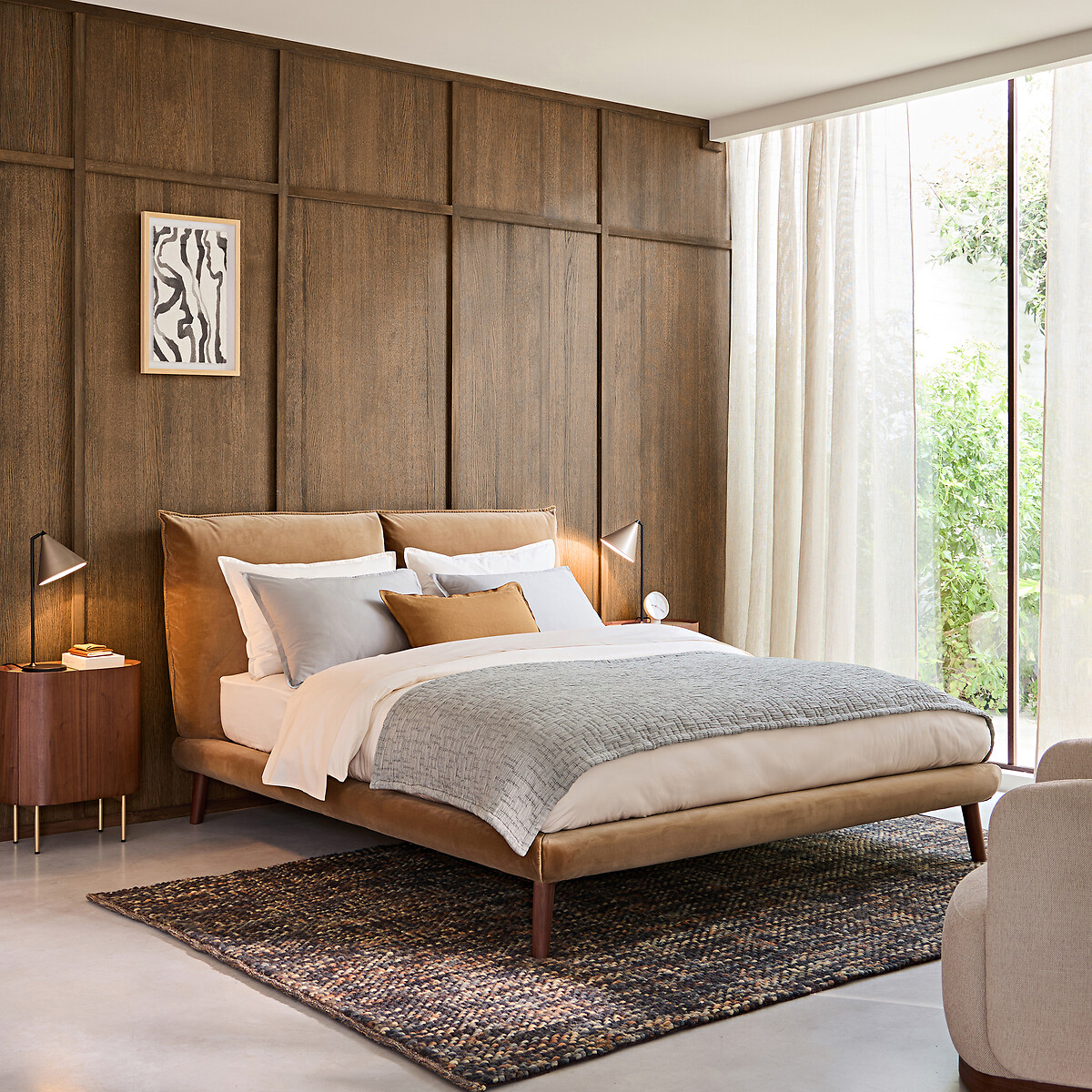 Bett aus Samt, 2 Plätze, Aurore, Design Emmanuel Gallina gelbbraun, EMMANUEL GALLINA X AM.PM
