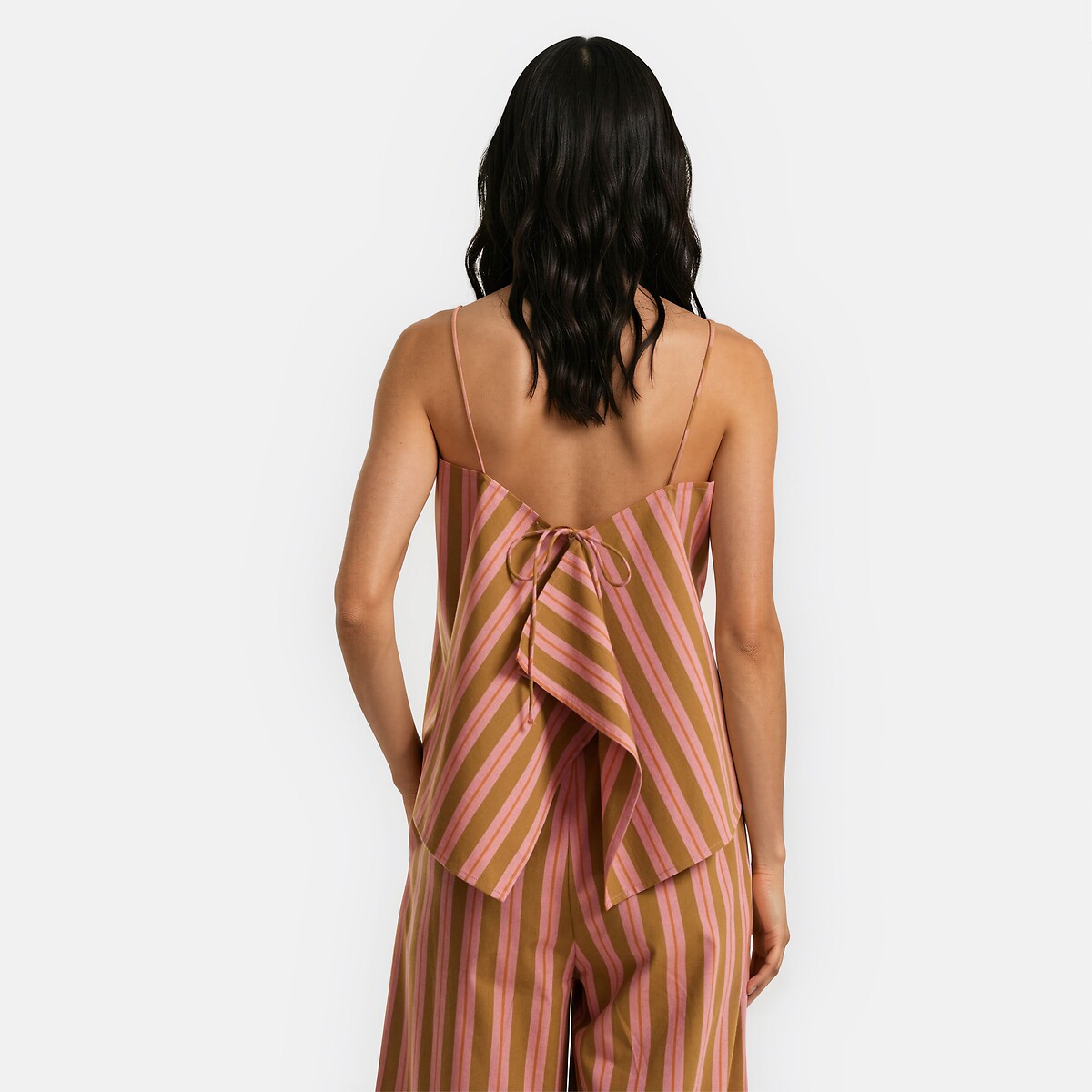 Striped Cotton Shoestring Strap Top pink/camel stripe, LA REDOUTE COLLECTIONS