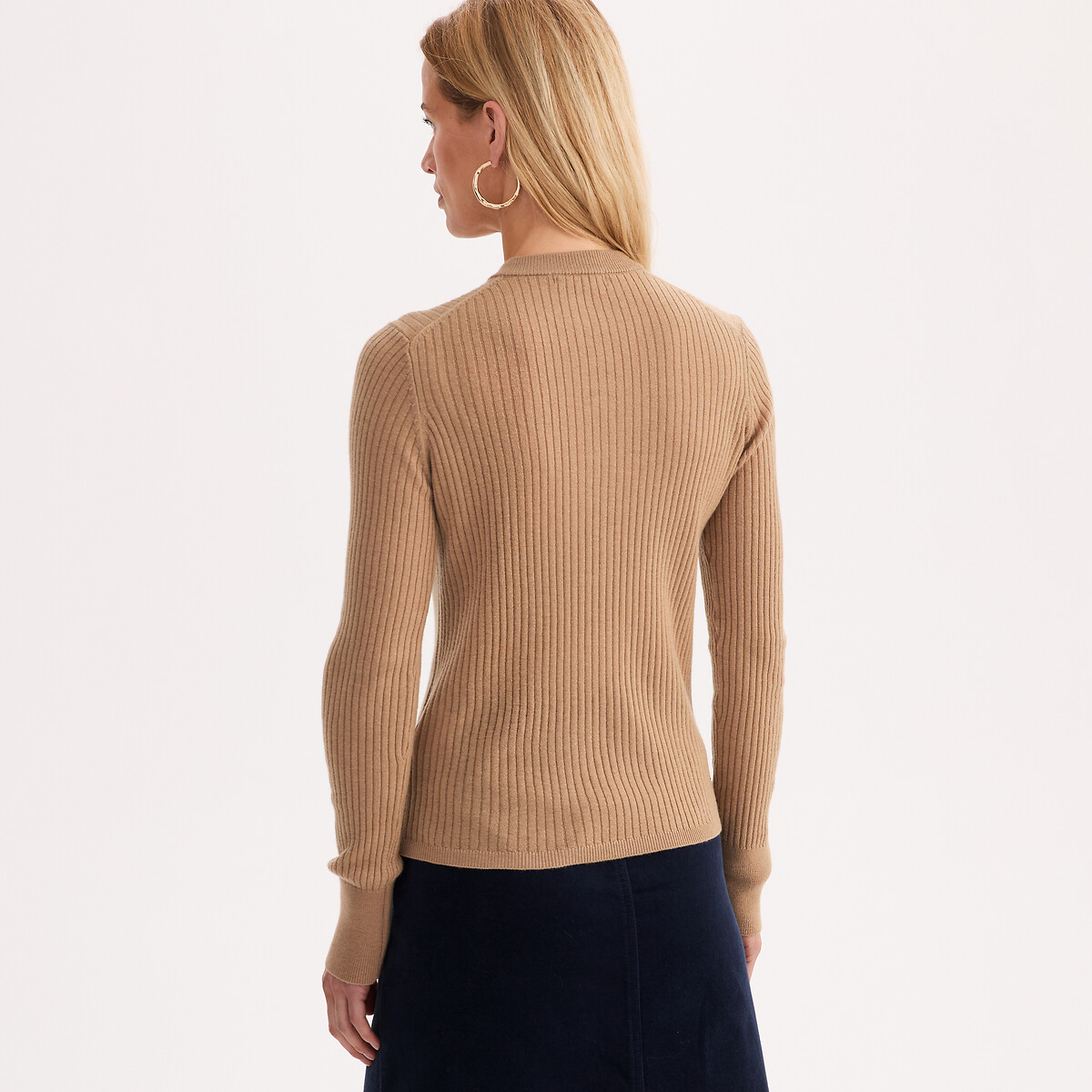 Wool Blend Ribbed Fine Soft Knit Crew Neck Jumper camel, ANNE WEYBURN