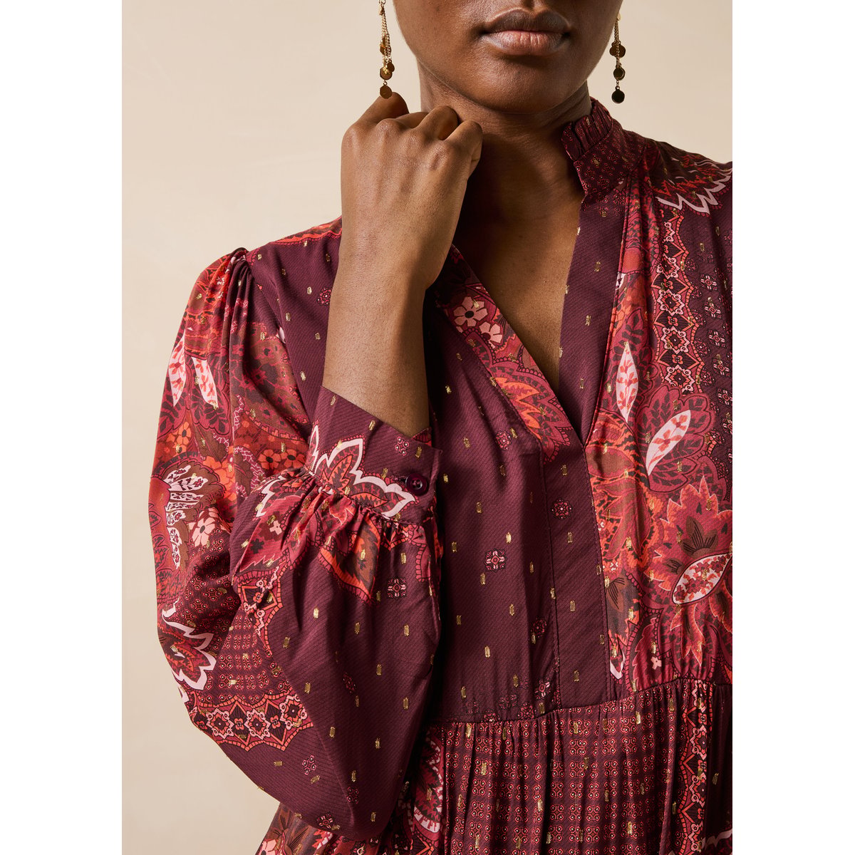 Robe longue imprimée manches longues encolure tunisienne rouge, LA FEE MARABOUTEE