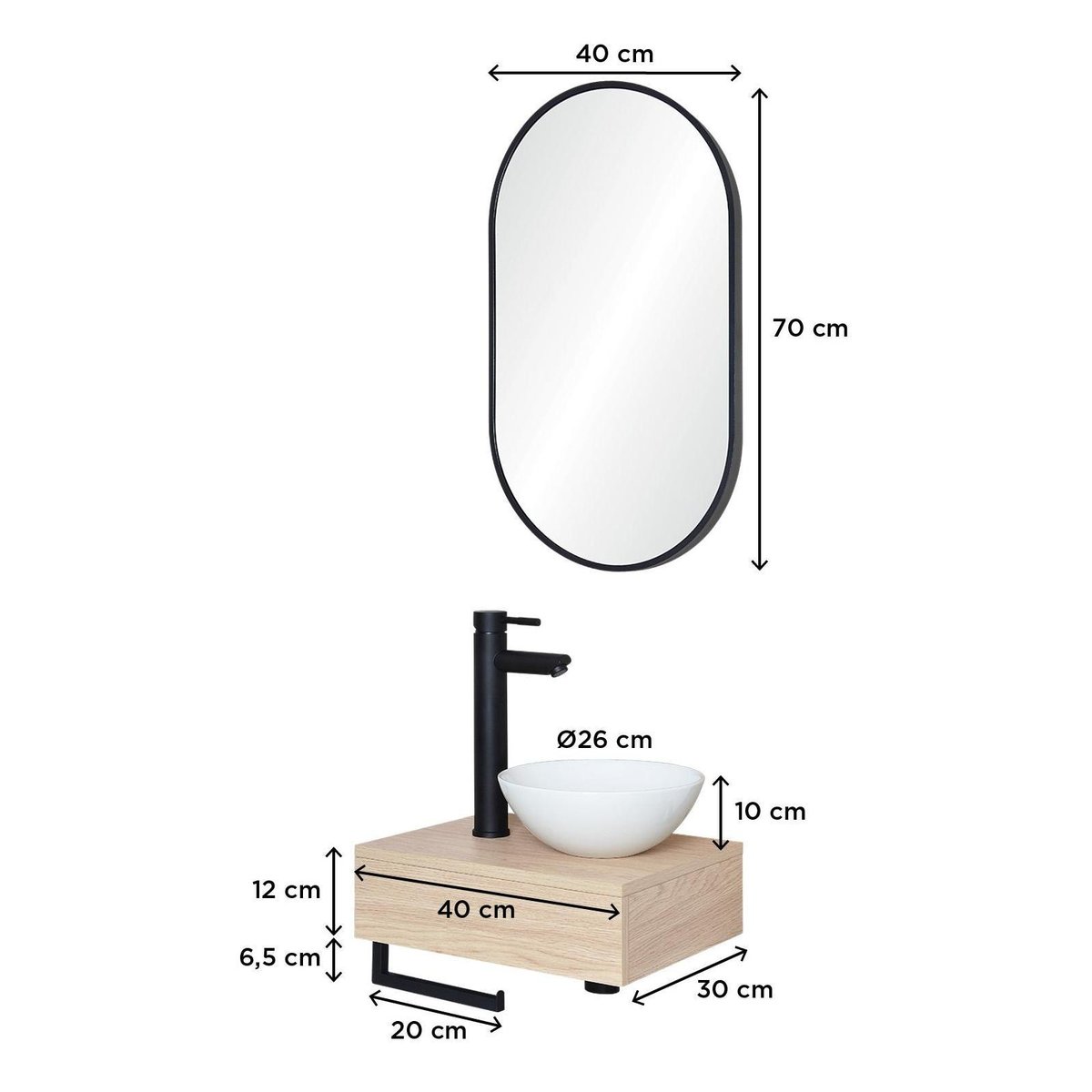 Lave-mains plan épais + vasque + miroir SOHO décor chêne, MOB IN