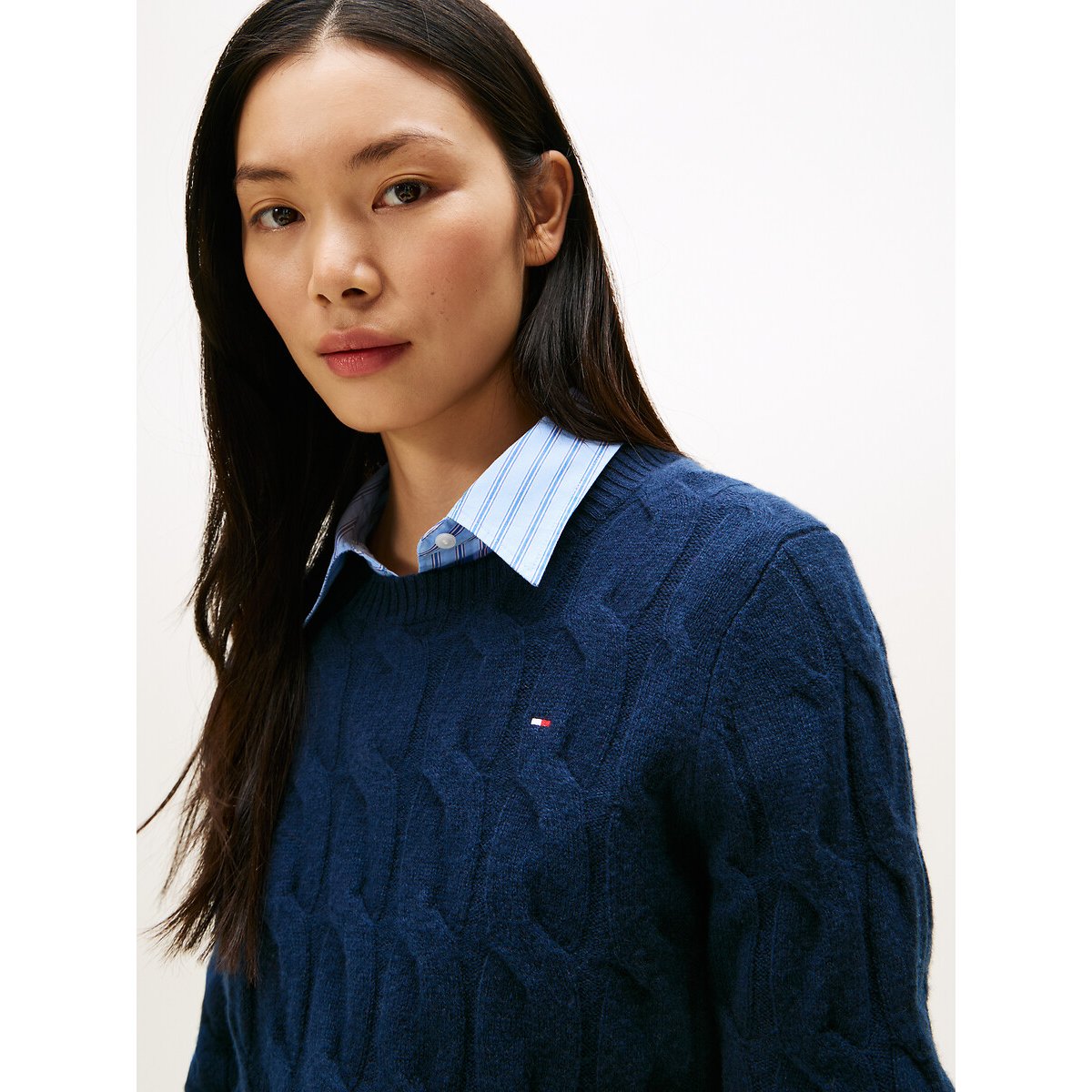 Wool Crew Neck Jumper in Cable Knit navy, TOMMY HILFIGER