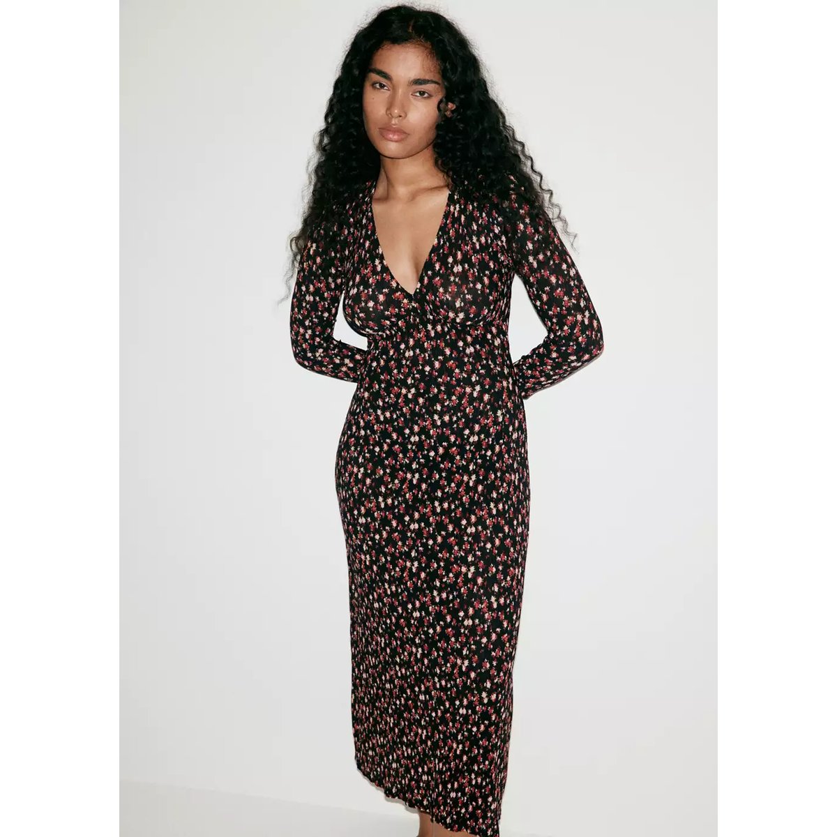 Robe plissée imprimée noir, MANGO