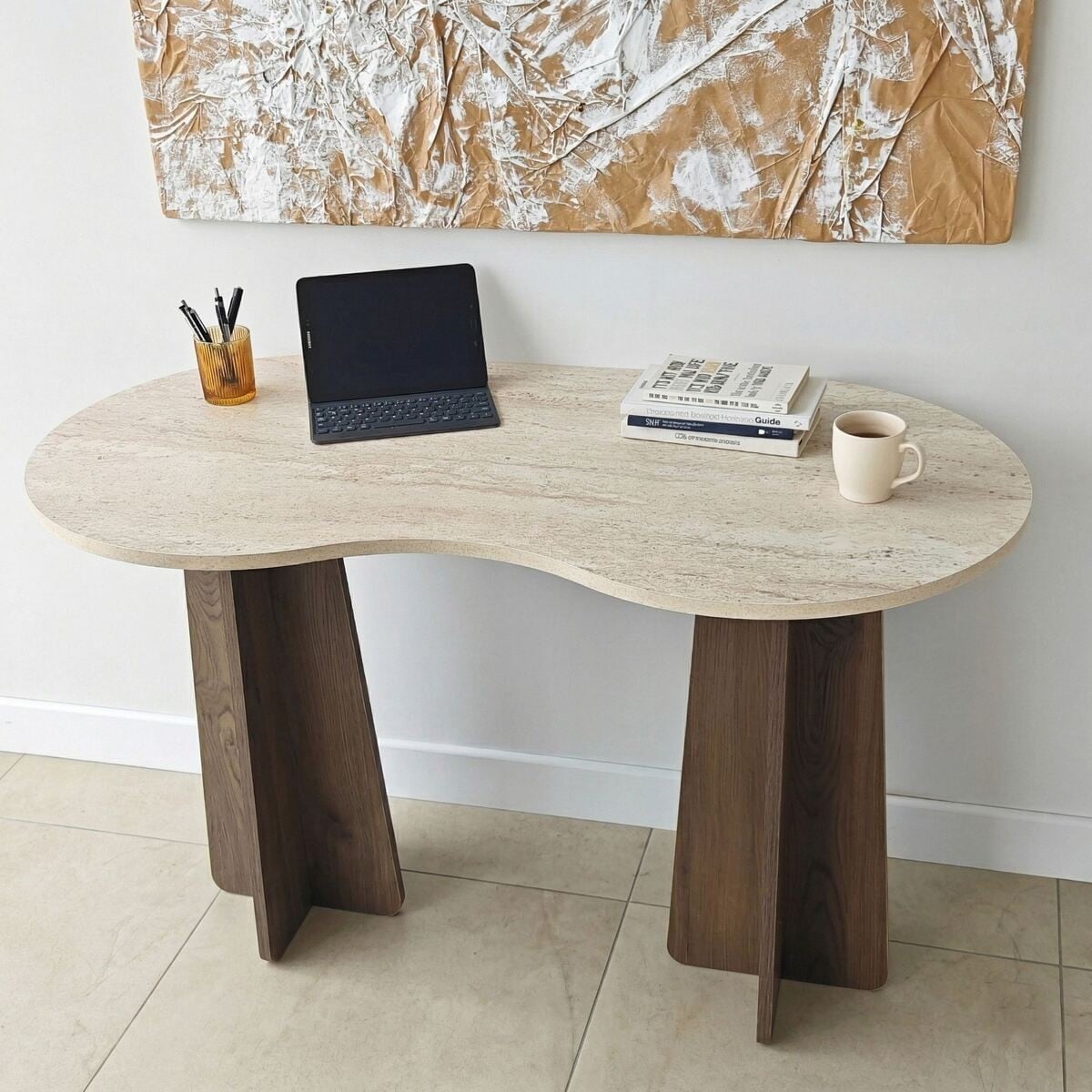 Bureau avec plateau forme organique COMO noyer / travertin, CALICOSY