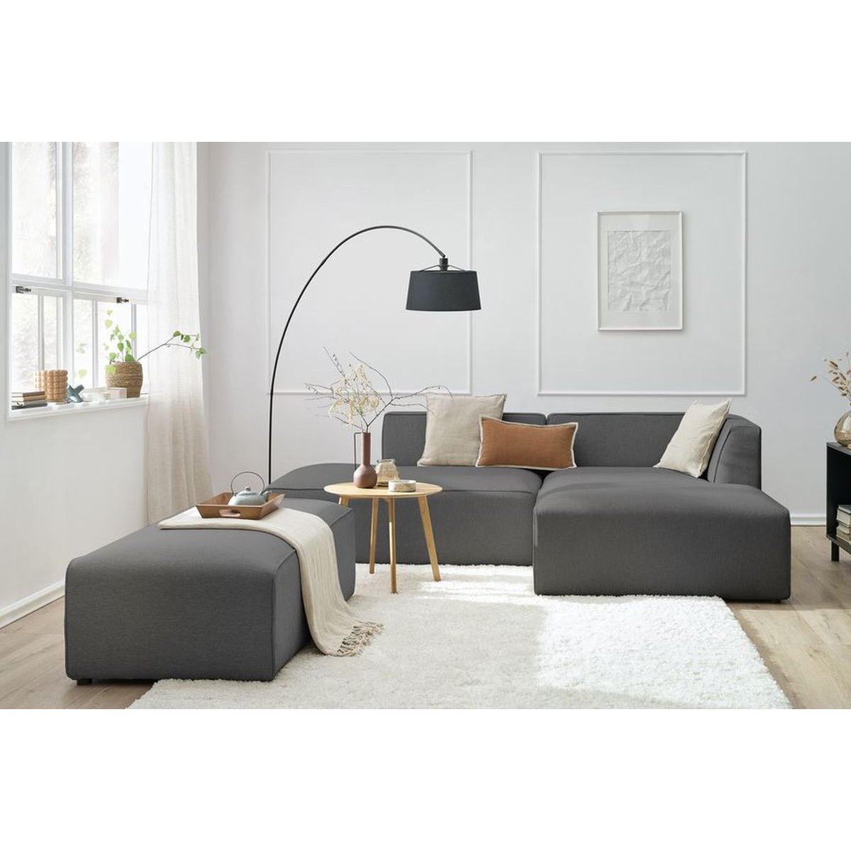 Canapé modulable 5 places en tissu chiné avec pouf, MEGEVE gris foncé, BOBOCHIC
