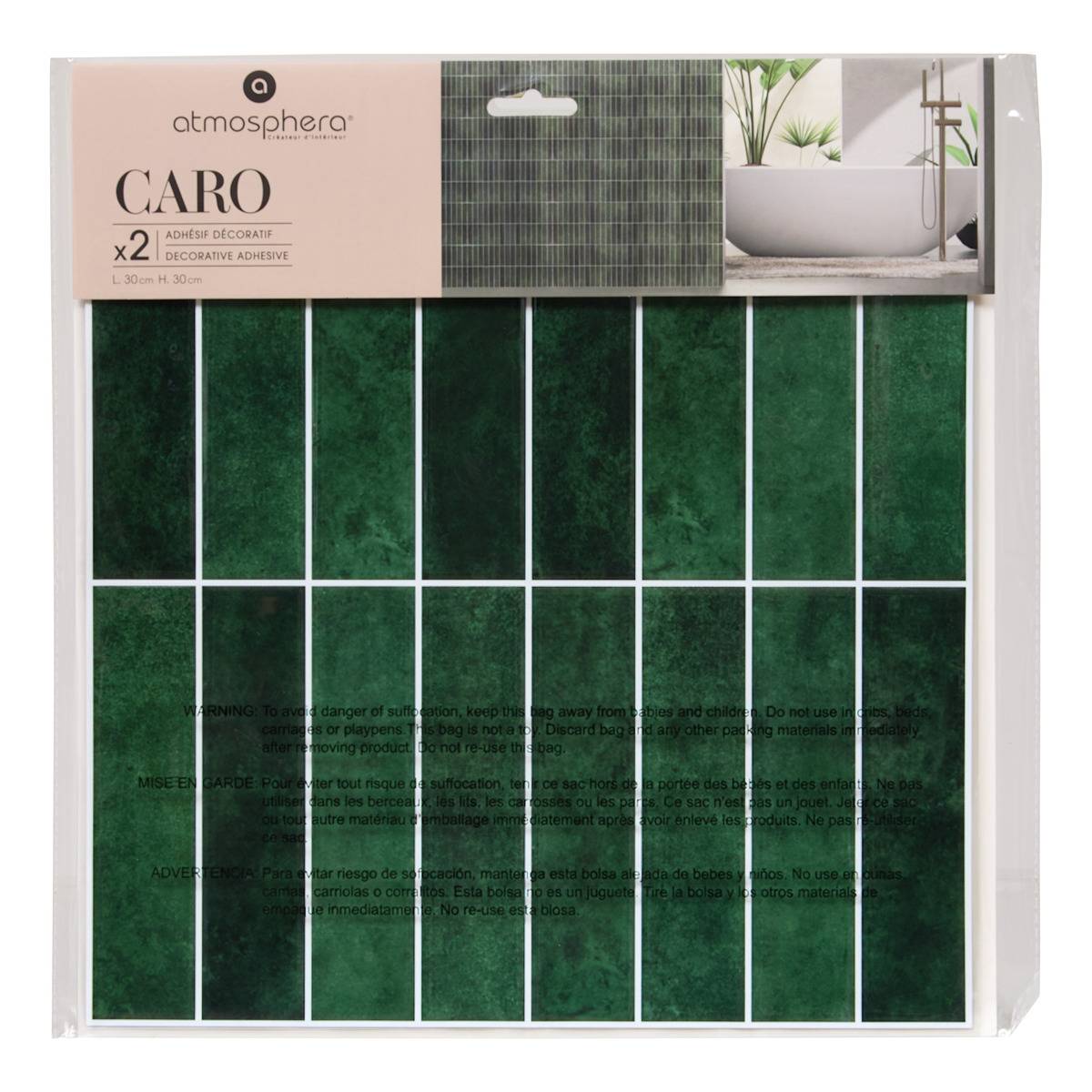 Lot de 2 stickers muraux rectangles CARO vert, ATMOSPHERA