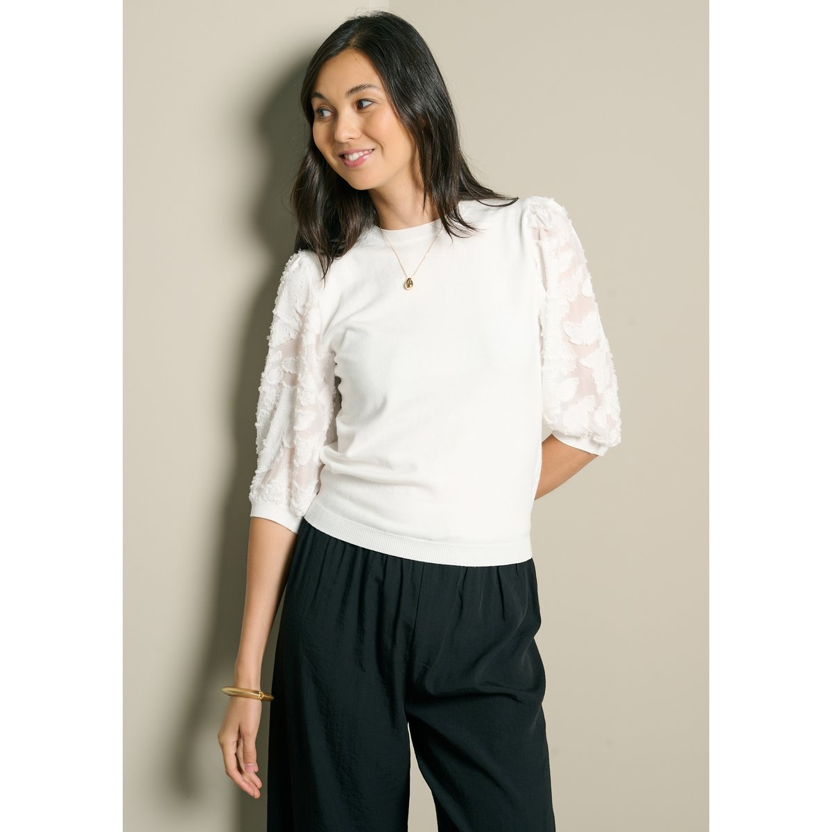 Pull manches fantaisie blanc casse, LOLALIZA