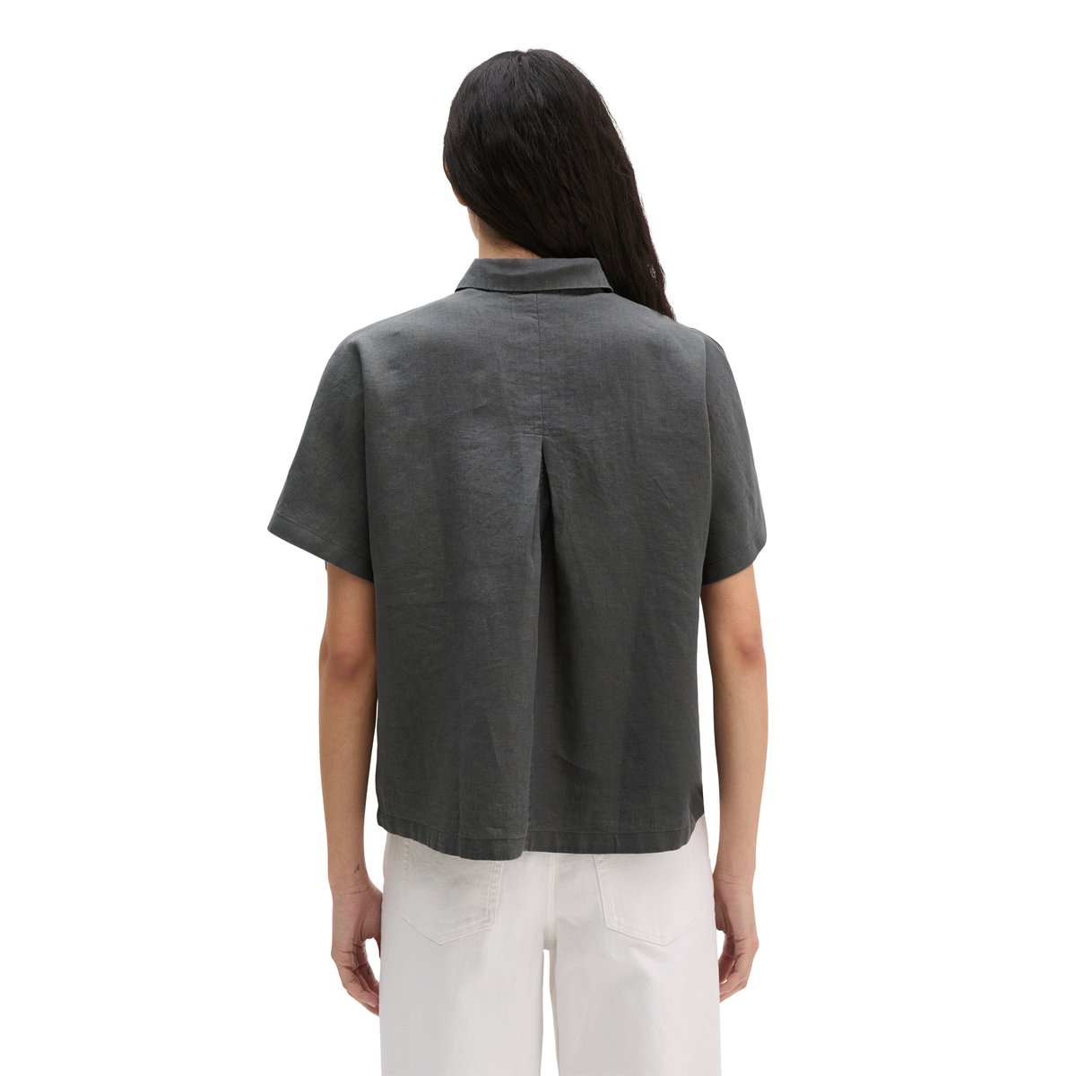 Blouse en lin à manches courtes regular avec de larges plis dans le dos dunkelgrau, MARC O'POLO