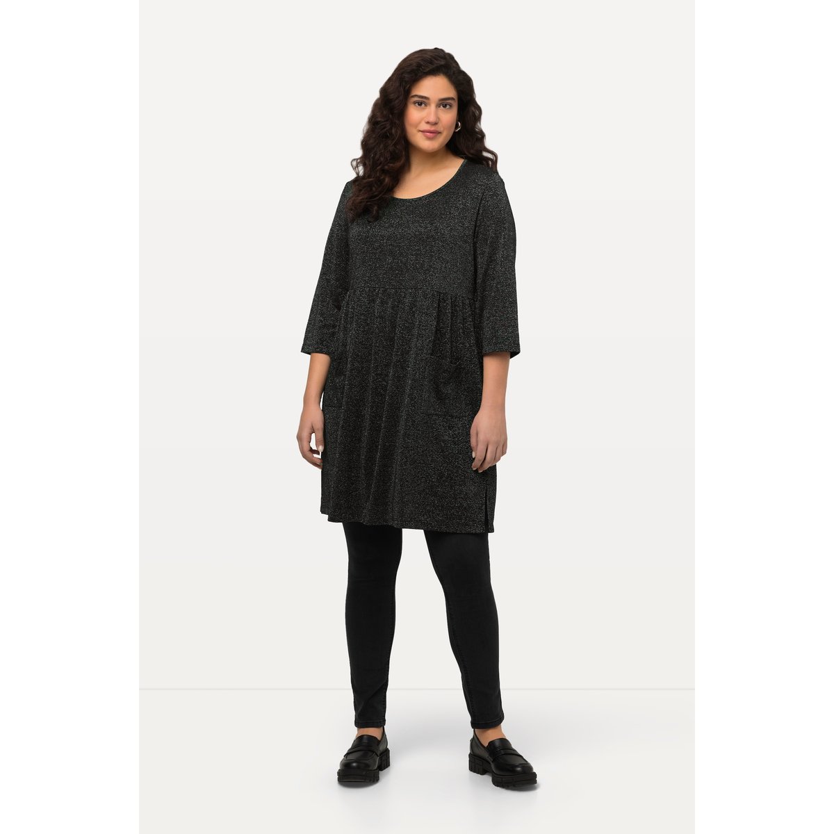 T-shirt long à col rond et manches 3/4 noir, ULLA POPKEN