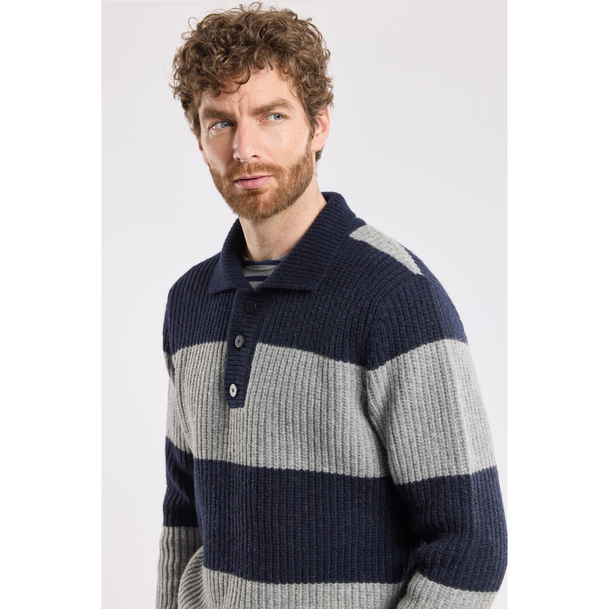 Pull col polo HERITAGE en laine pour homme navire/slate, ARMOR-LUX