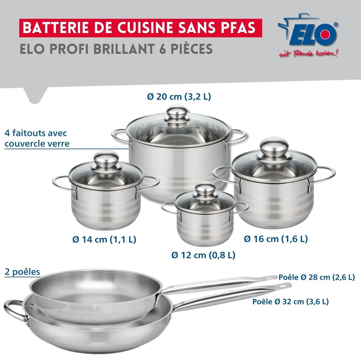 2 poêles 28/32cm + 4 faitouts 12/14/16/20cm PROFI BRILLANT inox, ELO