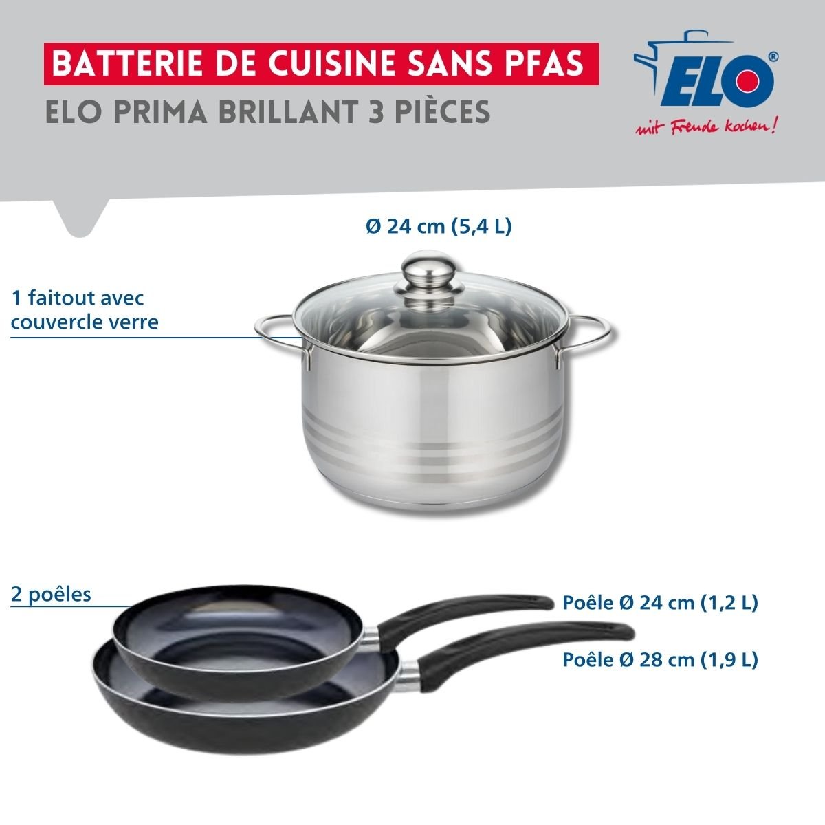 Batterie 2 poêles 24/28cm + 1 faitout 24cm PRIMA BRILLANT noir, ELO