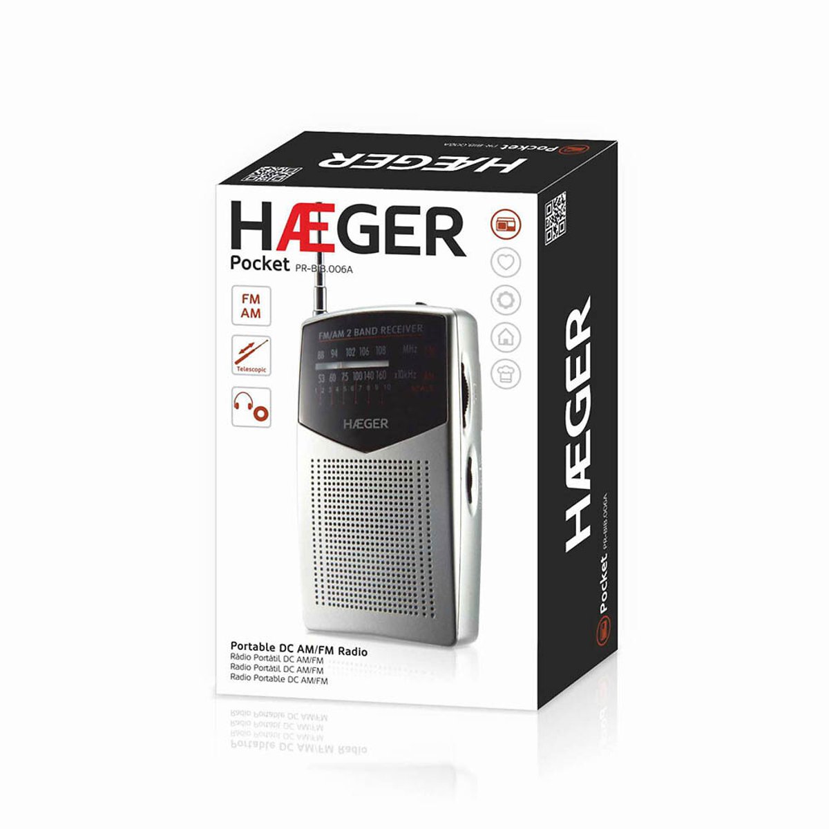 Rádio portátil Pocket AM/FM, HAEGER preto/cinzento, HAEGER