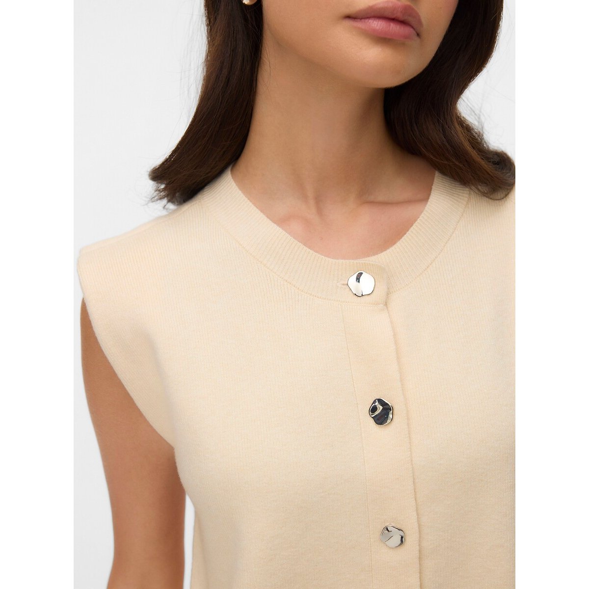 Sleeveless Crew Neck Buttoned Cardigan ecru , VERO MODA
