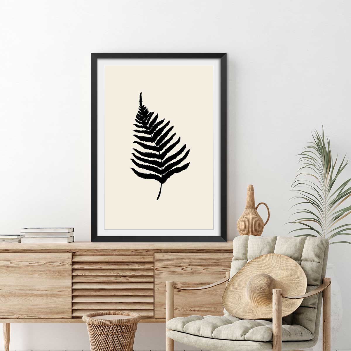 Affiche deco black fougères affiche + cadre en bois - noir, HEXOA