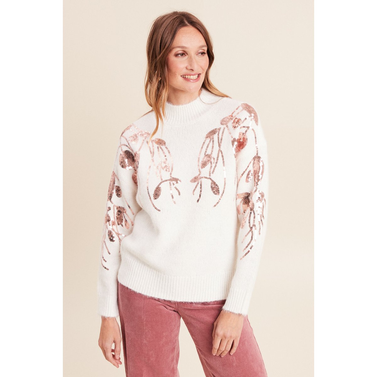 Pull col rond manches longues sequins ecru, BREAL
