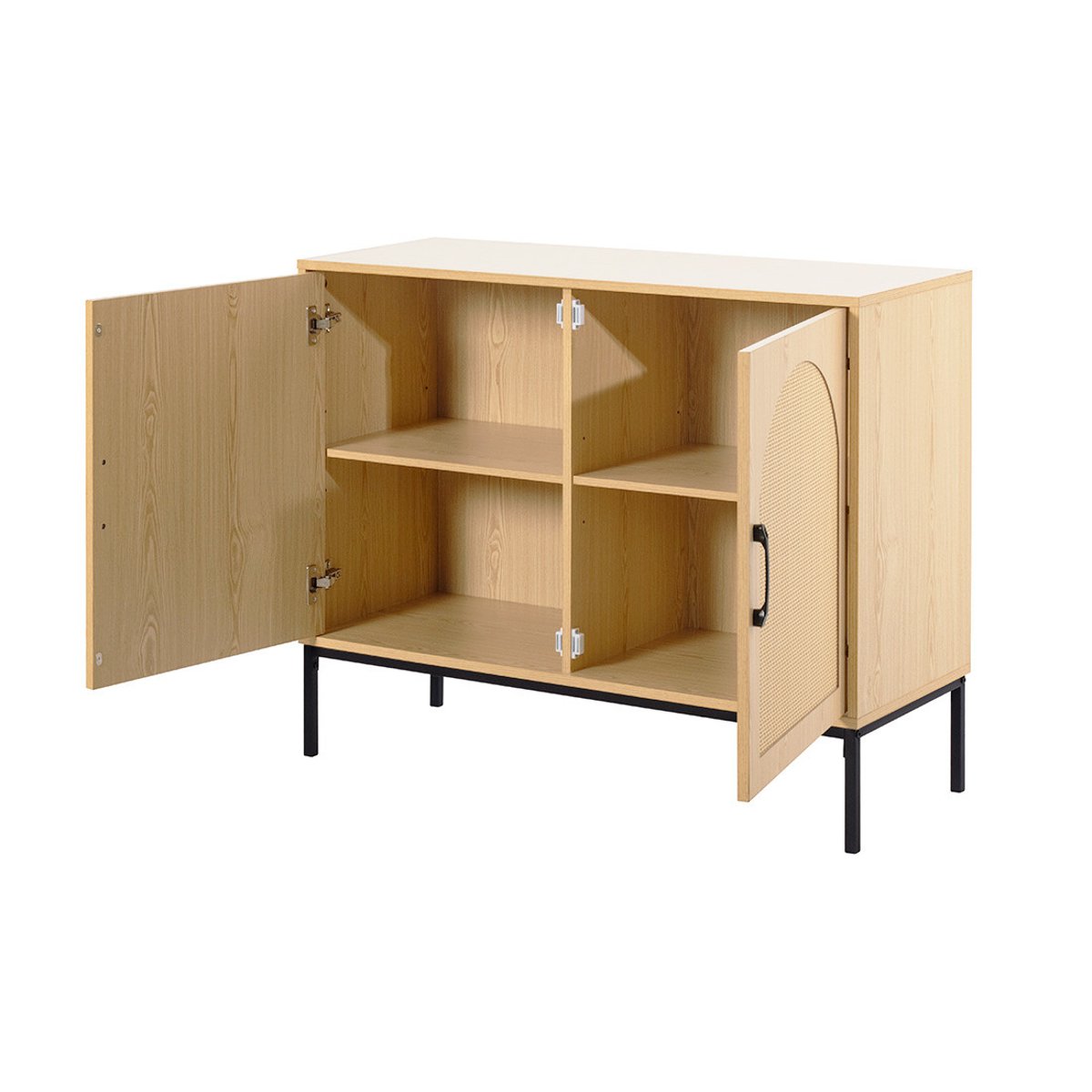 Buffet bas cannage et effet bois 2 portes, NAGATO bois / noir, BEST MOBILIER