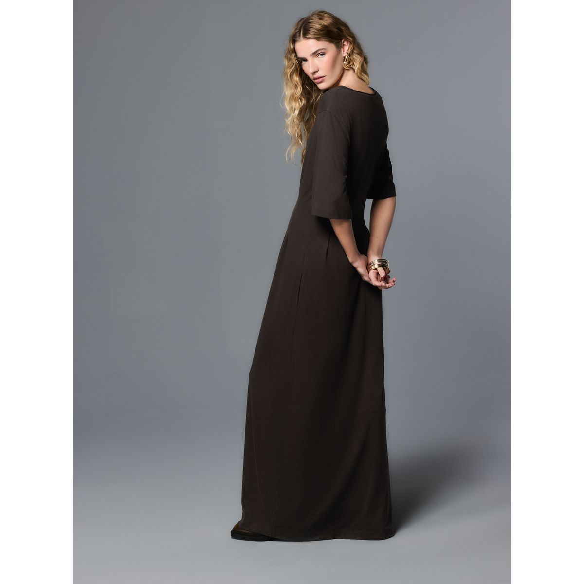 Robe midi à manches courtes en lin mélangé marron chocolat, NEXT