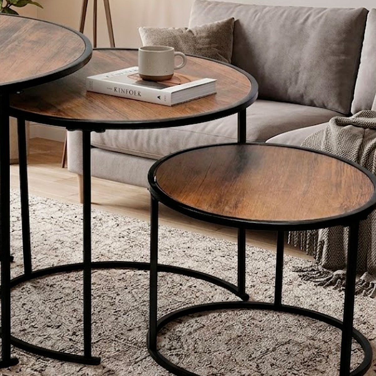 Set de 3 tables basses rondes gigognes bois et métal noir 50x50x46cm bois, WADIGA