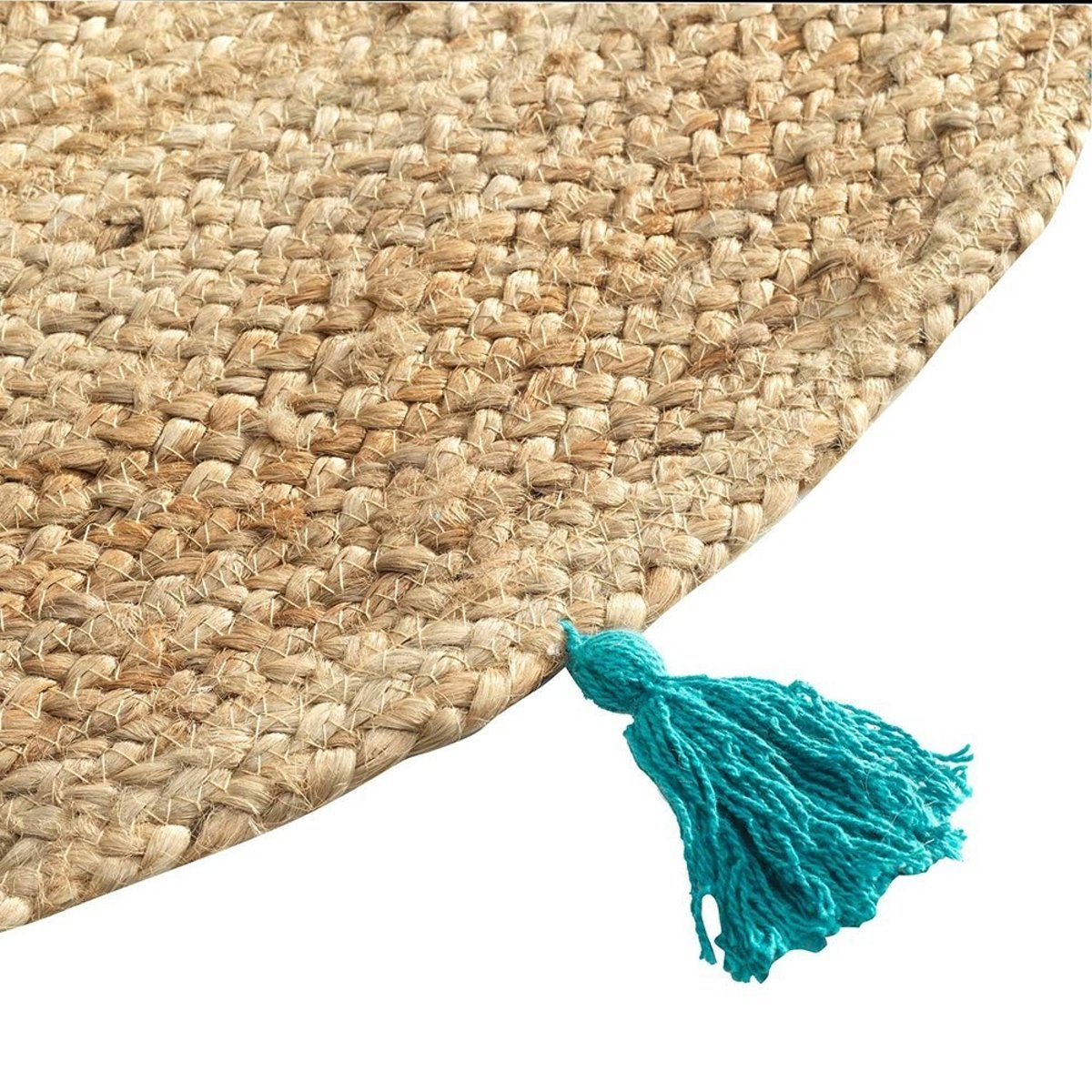 Tapis rond 120 jute pompons Shira turquoise bleu, DECORATIE