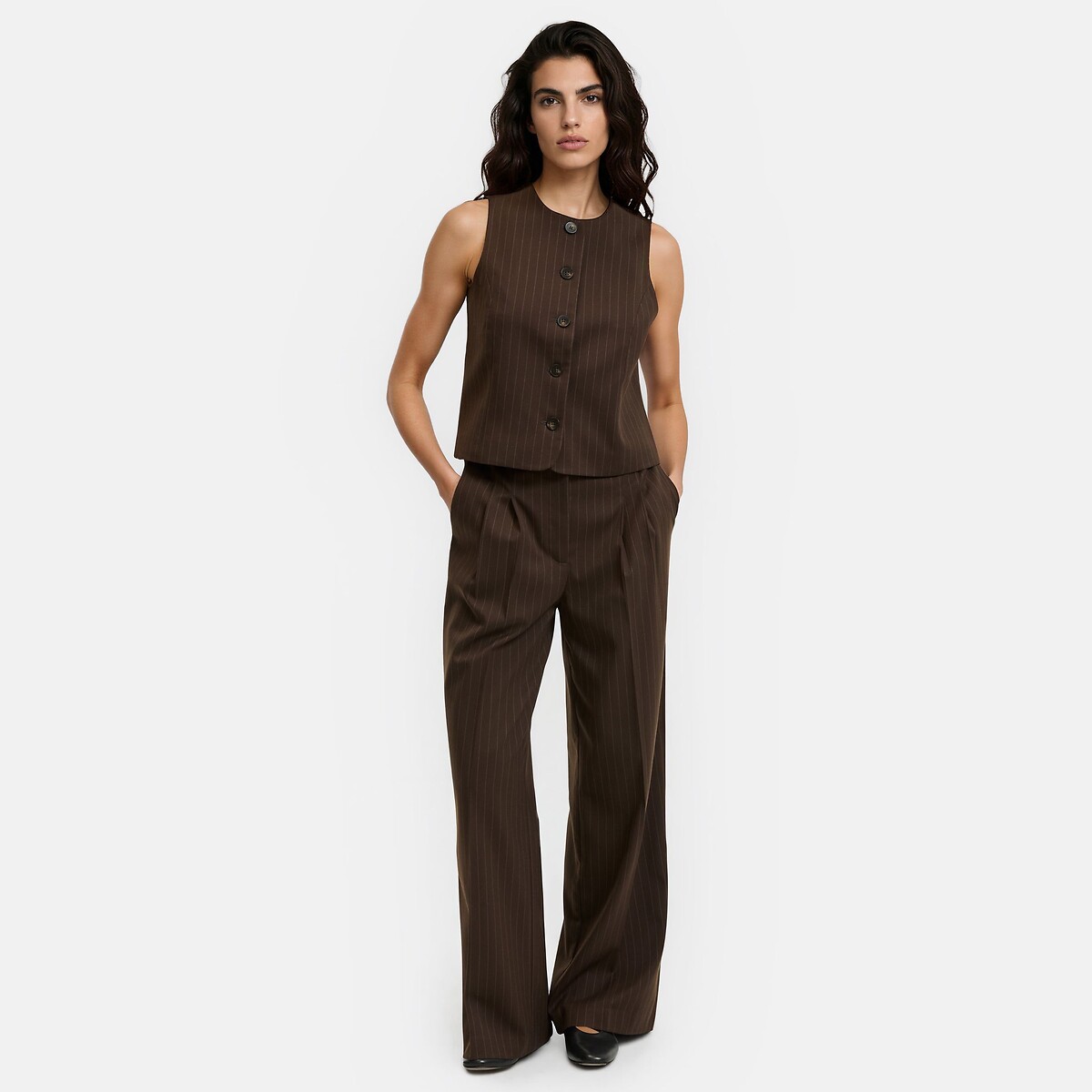 Pleat Front Striped Wide Leg Trousers brown stripes/ecru, LA REDOUTE COLLECTIONS