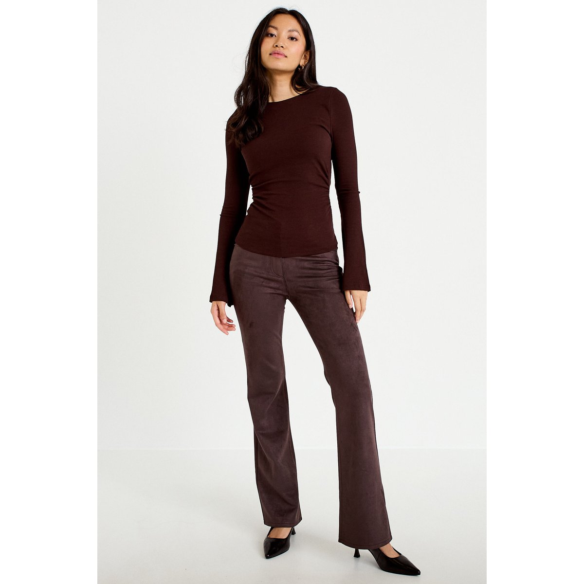 Pantalon bootcut aspect daim marron foncé, CACHE CACHE