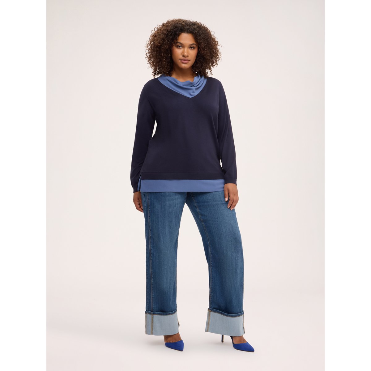 Pull avec drapé contrasté bleu, FIORELLA RUBINO